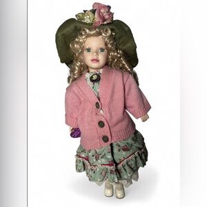 Brass Key Keepsakes Porcelain Doll - Green Floral Dress & Pink Cardigan